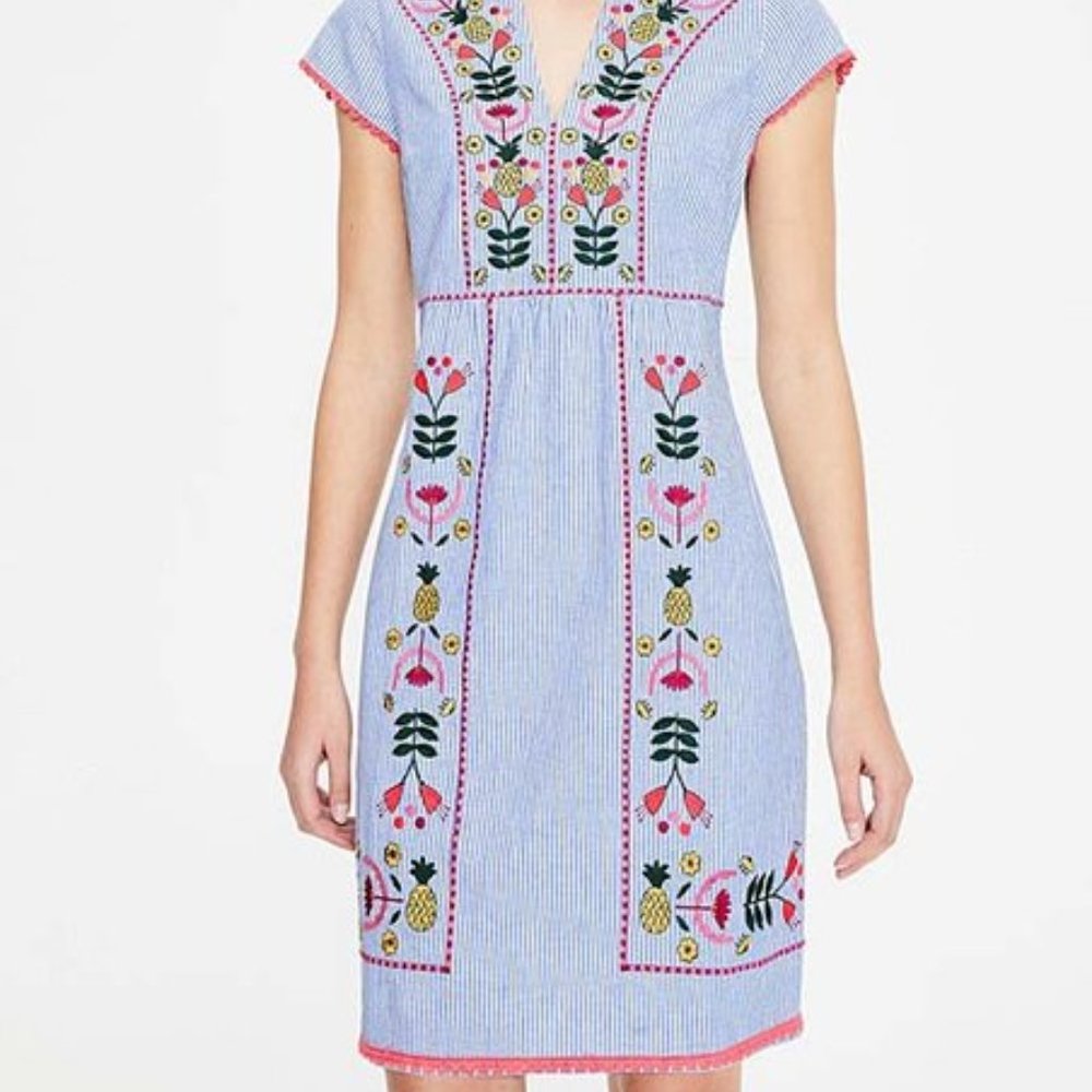 Boden Cabin Blue Ticking Stripe Bea Embroidered Linen Notch-Neck Dress / Size 8